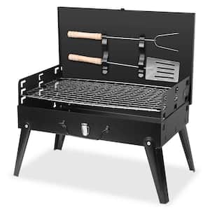 Portable Charcoal Grill in Black with BBQ Net Fork Spatula