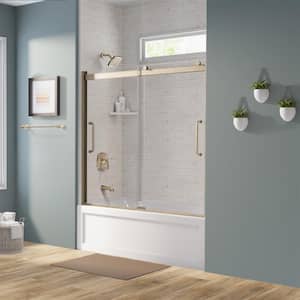 Arelo 56 in. to 60 in. W Semi-Frameless Sliding Tub Door AquaGlideXP Clear Glass, Brushed Gold Finish