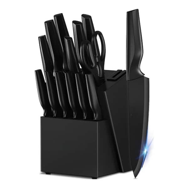15-Piece German Stainless Steel Kitchen Knife Set with Built-in Sharpener Block, Black Knife Block Set, Dishwasher Safe
