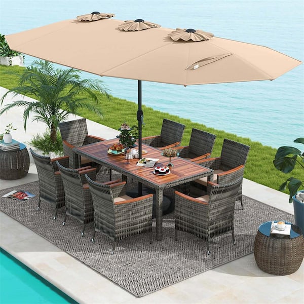 Costway 10-Piece Wicker Rectangle Outdoor Dining Set with Beige Neutral Cushions and Coffee Umbrella