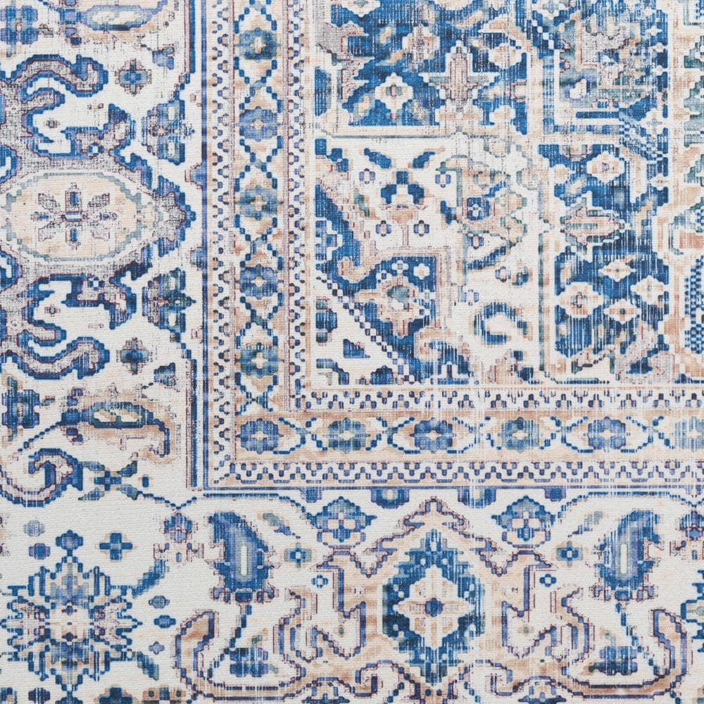 Beige Blue Floral Synthetic Flatweave Runner Rug