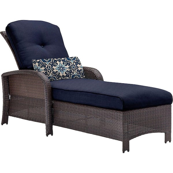 Hanover Strathmere All-Weather Wicker Patio Chaise Lounge with Navy Blue Cushion