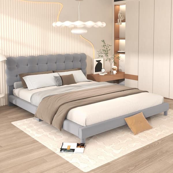 Polibi Wood Frame Queen Size Platform Bed with Soft Headboard, Gray