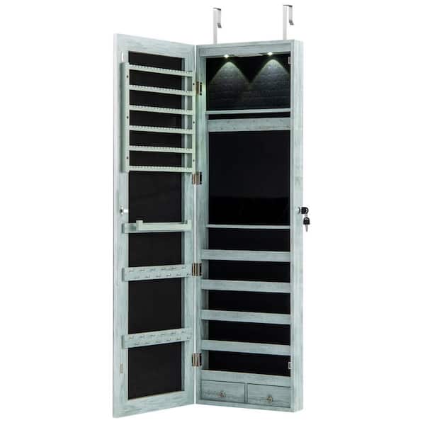 Mirrored Wall and Door Mounted Jewelry Cabinet Storage Organizer with Lights Navy