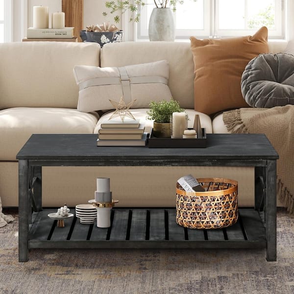 CSC DECOR INC 47 in. Antique Black Rectangular Wood Tabletop End Table The Sofa Or Loveseat For Living Room Side Table Coffee Table