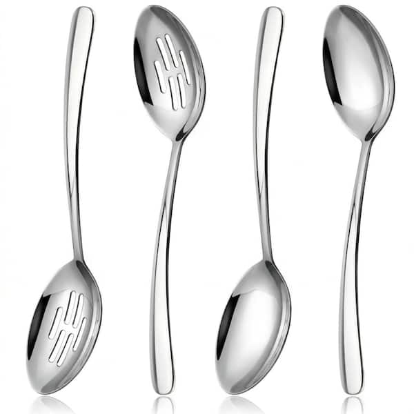 10.3 Inch Large Serving Spoons Set of 4 Heavy Duty 18/0 Stainless Steel with 2 Solid and 2 Slotted Spoons