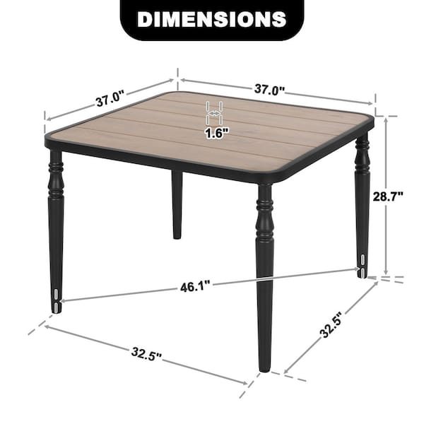 Black Square Metal Outdoor Dining Table with Wood-Grain Tabletop, Umbrella Hole