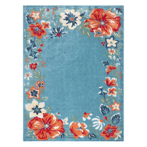 TOWN & COUNTRY LIVING Hibiscus Bloom Bordered Light Blue/Red 5 ft. x 7 ft. Floral Modern Indoor/Outdoor Patio Area Rug