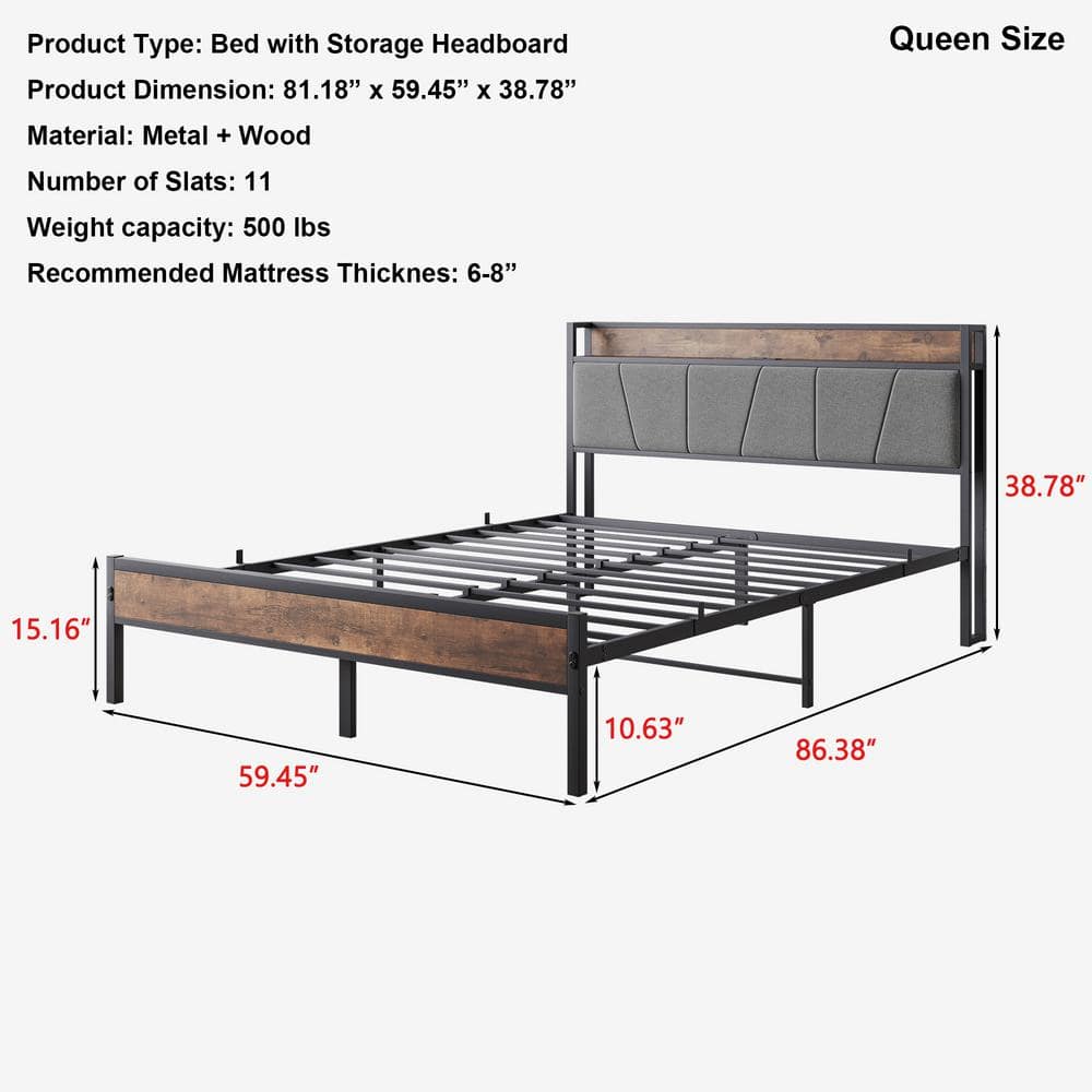 Queen Black Metal Frame Platform Bed with Upholstered Storage Headboard