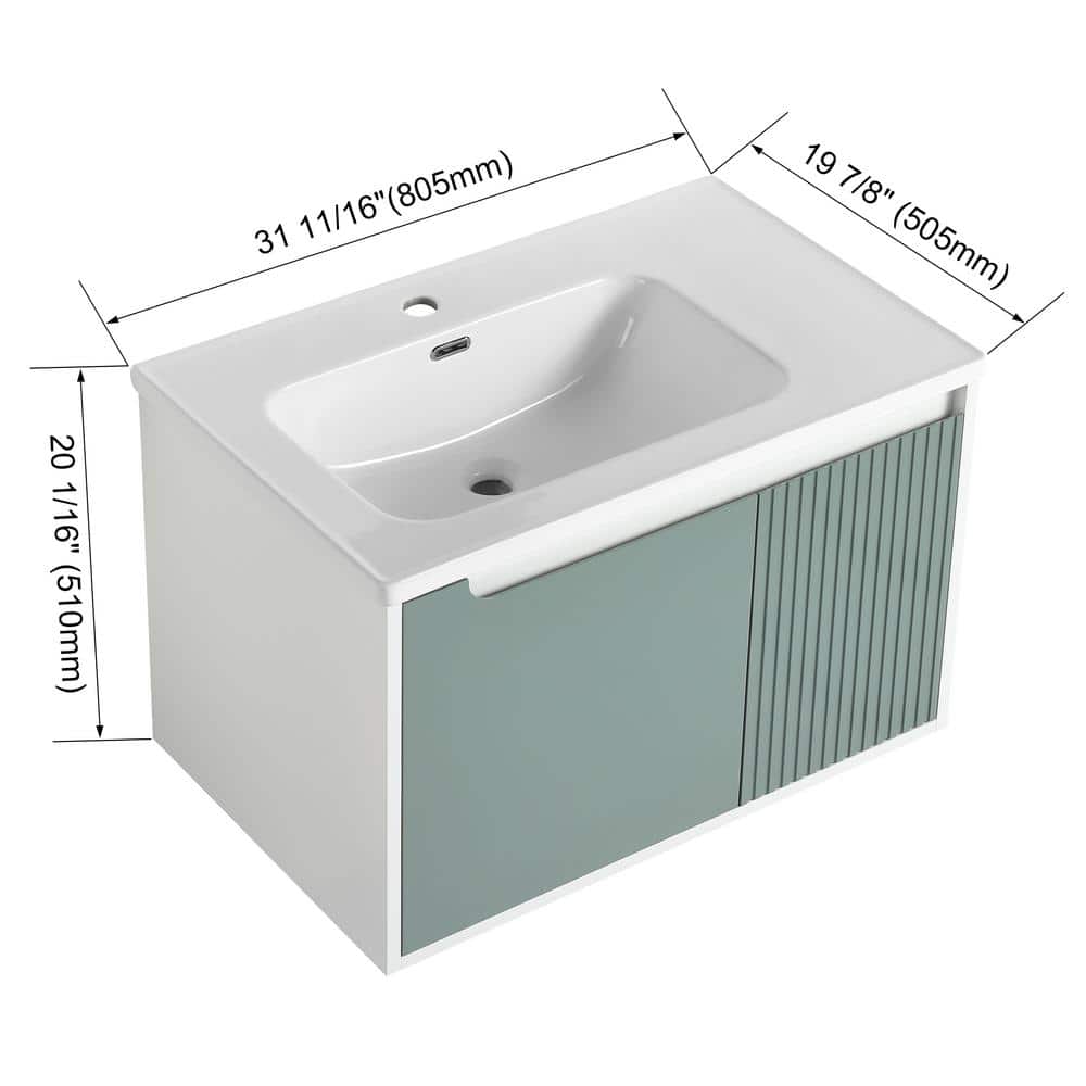 Mint Green Plywood Floating Single Sink Vanity with White Ceramic Top