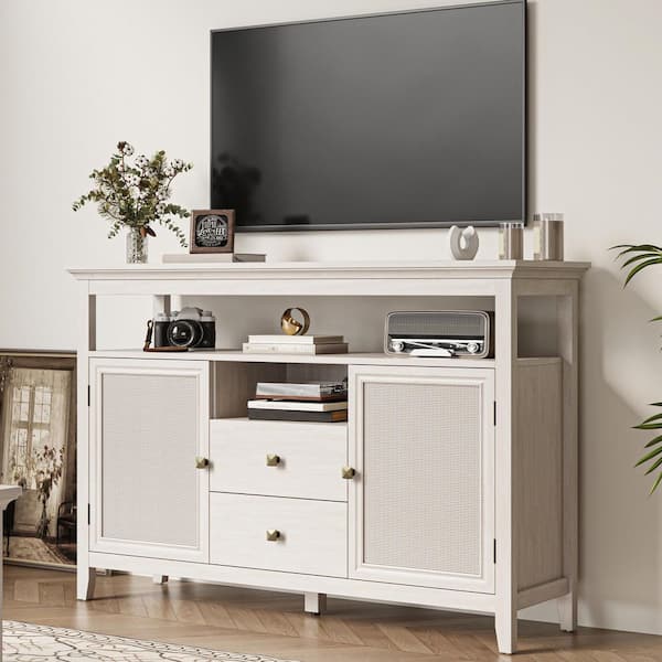 52.8 in. Rattan Sideboard, Storage Cabinet with Adjustable Shelves, Accent Buffet Cabinet for Kitchen in White