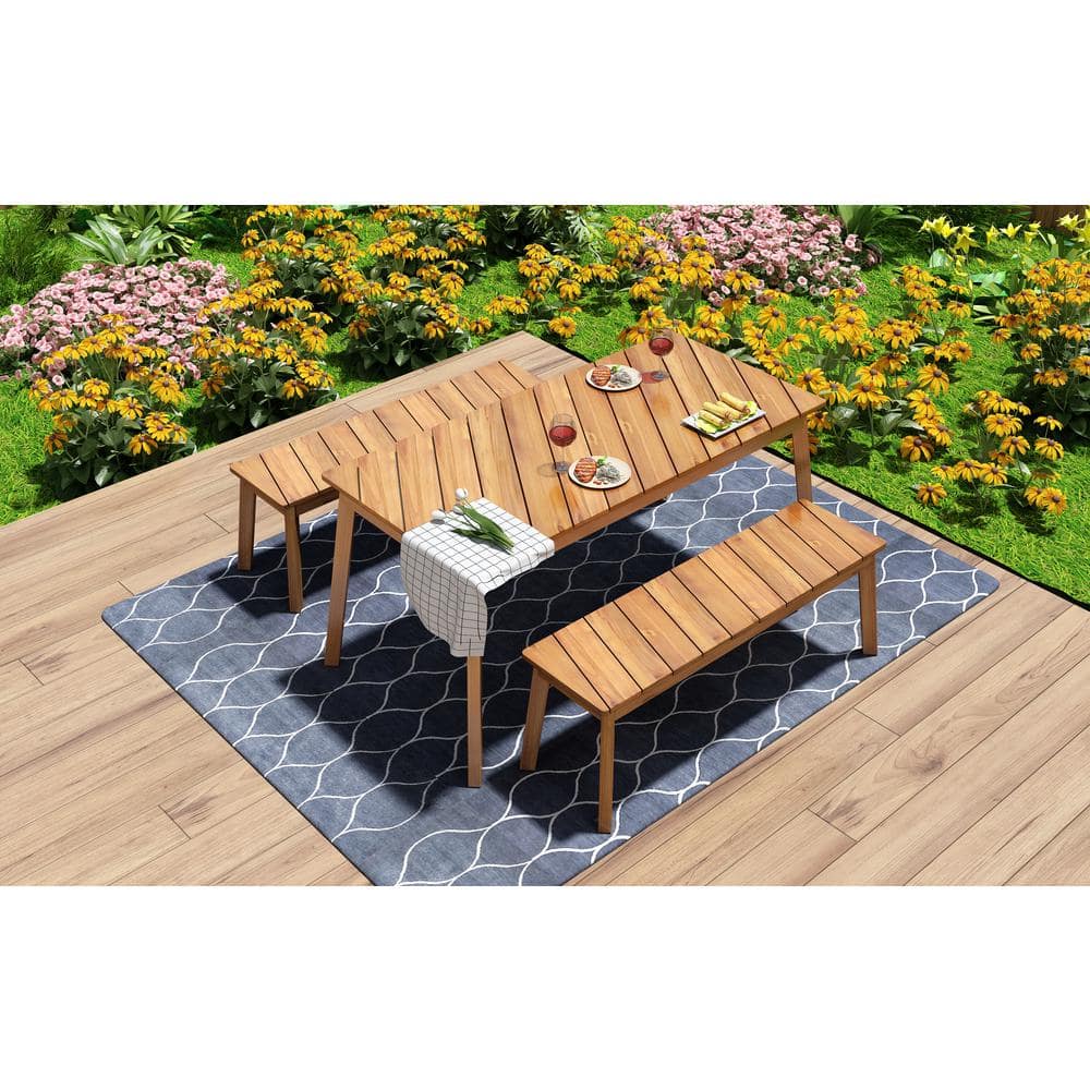 3-Piece Acacia Wood Outdoor Dining Set Picnic Beer Table with 2 Benches for