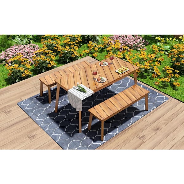 Unbranded 3-Piece Acacia Wood Outdoor Dining Set Picnic Beer Table with 2 Benches for Patio, Porch, Garden, Poolside