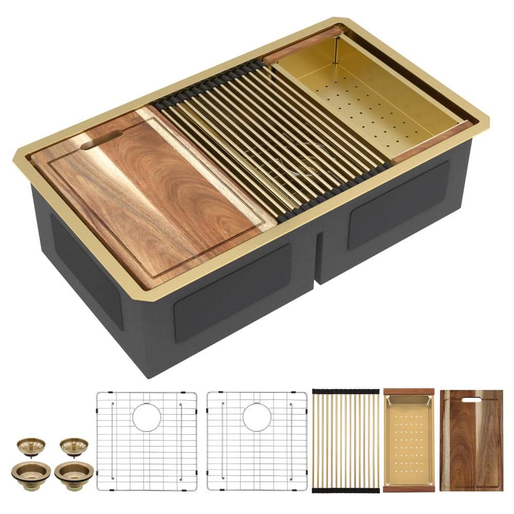 33 in.Undermount 50/50 Split Double Bowl 16 Gauge Brushed Gold Stainless Steel Workstation Kitchen Sink with Accessories price history on PriceWatchPro