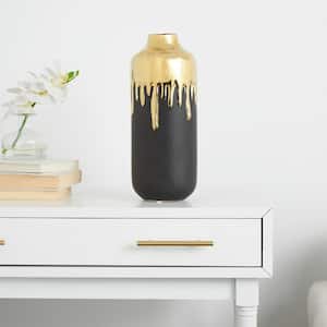 Black Ceramic Decorative Vase with Abstract Gold Melting Drips