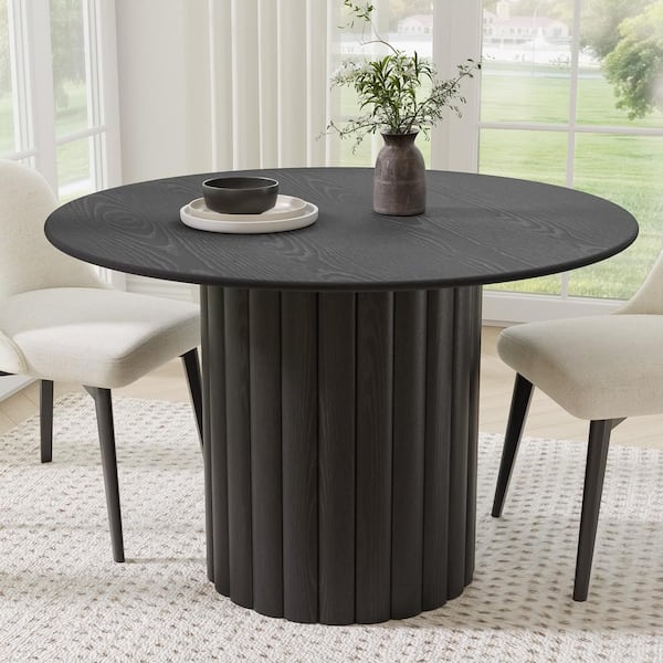 Cylindrical Black Colored Wood 60 in. Column Base Recessed Rounded Edge Dining Table for 8