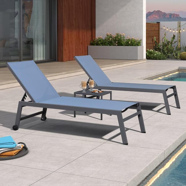 PURPLE LEAF Aluminum Dark Grey Frame Metal Outdoor Patio Chaise Lounge with Side Table and Wheels Extra Large, Indigo