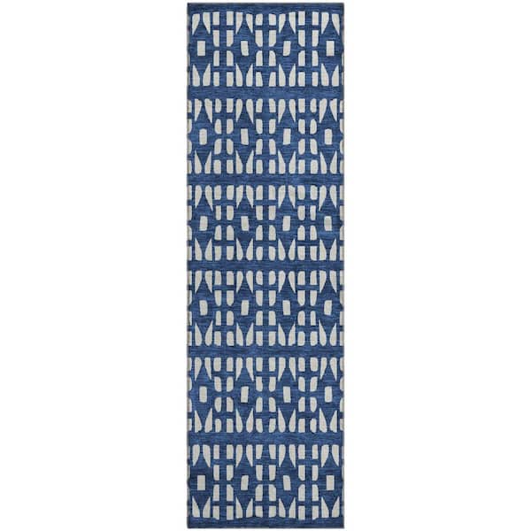 Mayfield Premium Machine Washable Abstract AMF963 Navy 2 ft. 3 in. x 7 ft. 6 in. Runner Rug