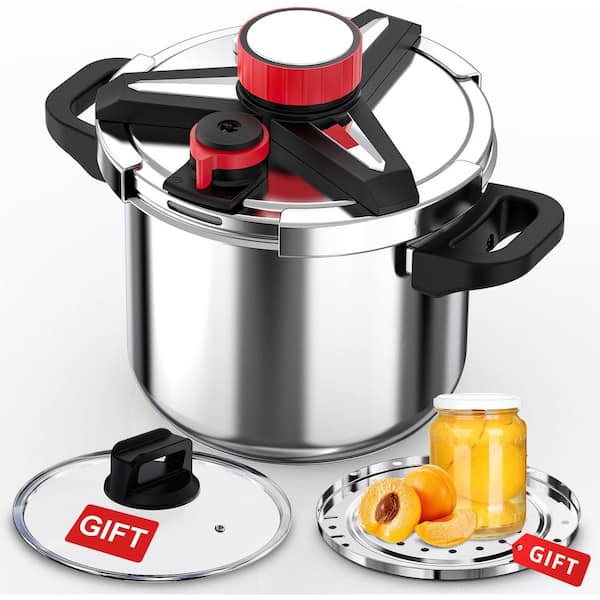 12 qt. Stainless Steel Pressure Cooker Silver with One-Hand Locking, 3-Level Pressure, Induction Ready, Steamer