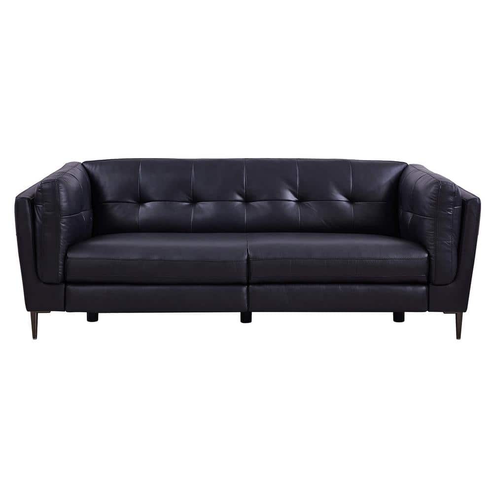 Navy Tufted Leather Power Reclining Sofa with Wood Frame