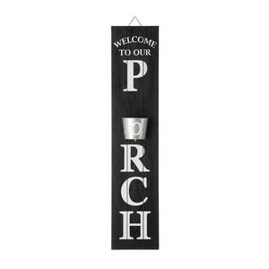 42 in. H Wooden Washed Black WELCOME TO OUR PORCH Sign with Metal Planter