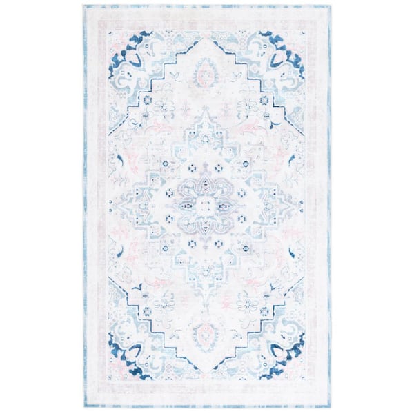 Arizona 9 ft. x 12 ft. Ivory/Aqua Machine Washable Distressed Border Medallion Area Rug