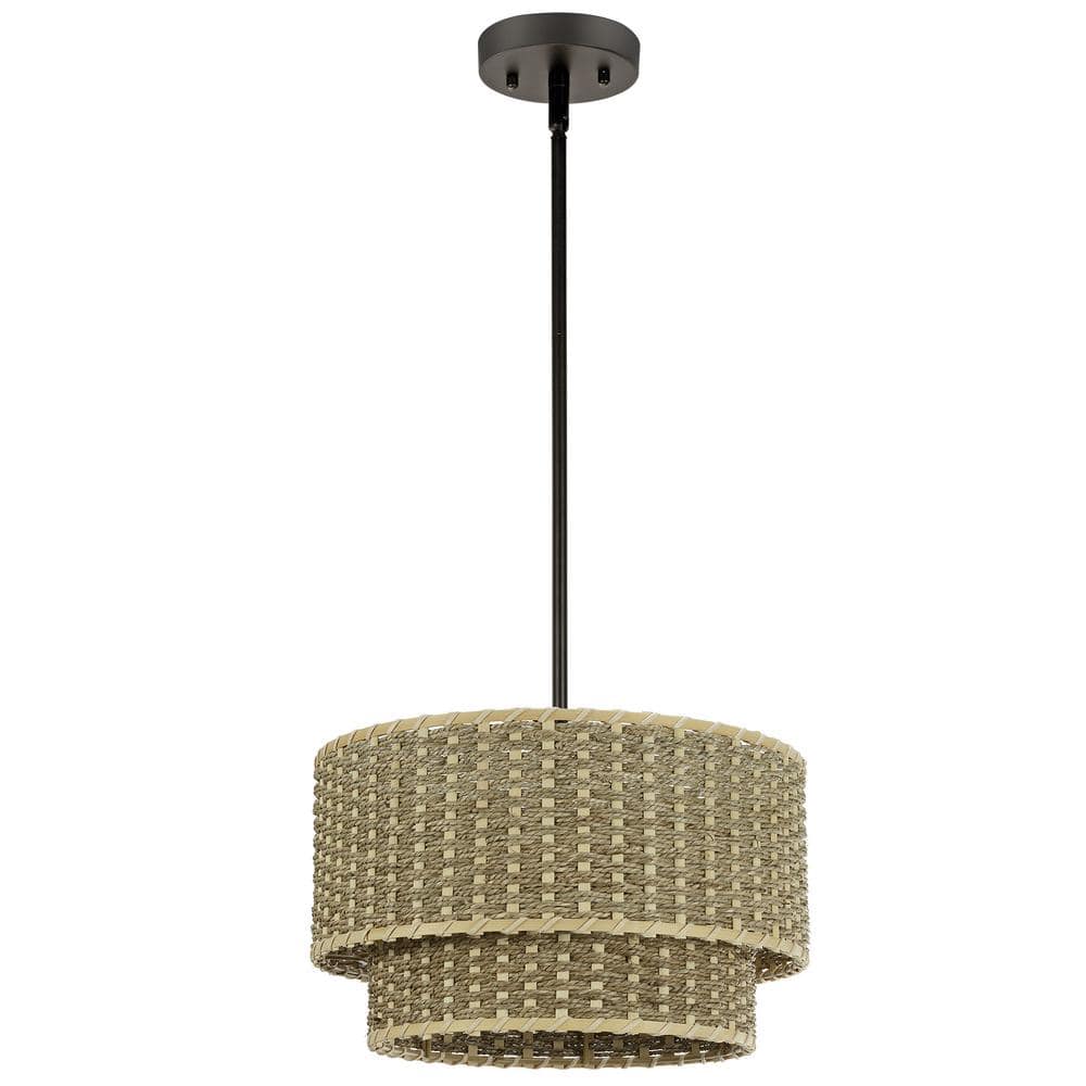 Matte Black 2-Light Adjustable Rattan Drum Chandelier