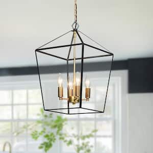 4-lights Brass Geometric Lantern Pendant with Clear Tempered Glass Panes