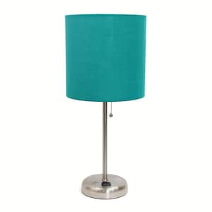 19.5 in. Brushed Steel/Teal Contemporary Bedside Power Outlet Base Standard Metal Table Desk Lamp