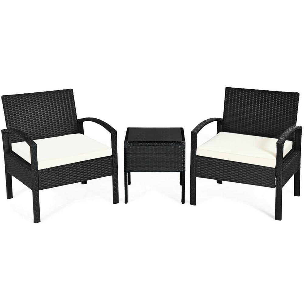 ANGELES HOME 3-Piece Wicker Outdoor Rattan Patio Conversation Set with White Cushions