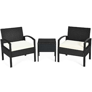 3-Piece Wicker Outdoor Rattan Patio Conversation Set with White Cushions