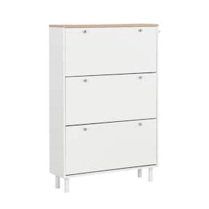 31.5 in. W x 9.4 in. D x 47.6 in. H White Linen Cabinet with 3-Flip Drawers and 3-Hooks, Standing Shoe Rack