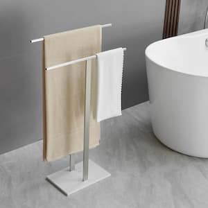 2-Tier Standing Towel Rack with Marble Base for Bathroom Floor Double-T Tall Bath Towel Sheet Holder in Brushed Nickel