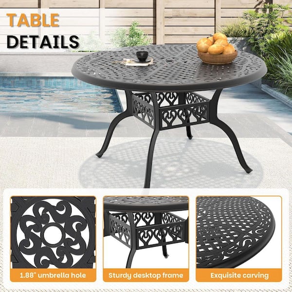 48 inch black iron patio table with umbrella hole Willit Black Round Cast Aluminum Outdoor Patio Dining Table with Umbrella  Hole TB23