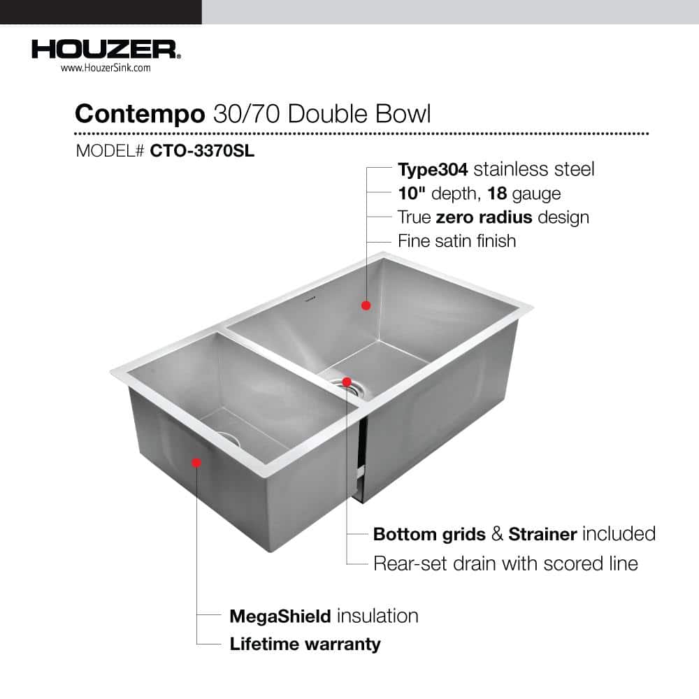 Contempo 33'' Stainless Steel Double Bowl Undermount Kitchen Sink