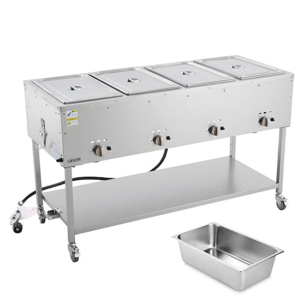 4-Pan Commercial Propane Steam Table, LP Gas Soup Warmer w/ Drain Valve and 3 in. Wheels Stainless Steel w/ Temp Control