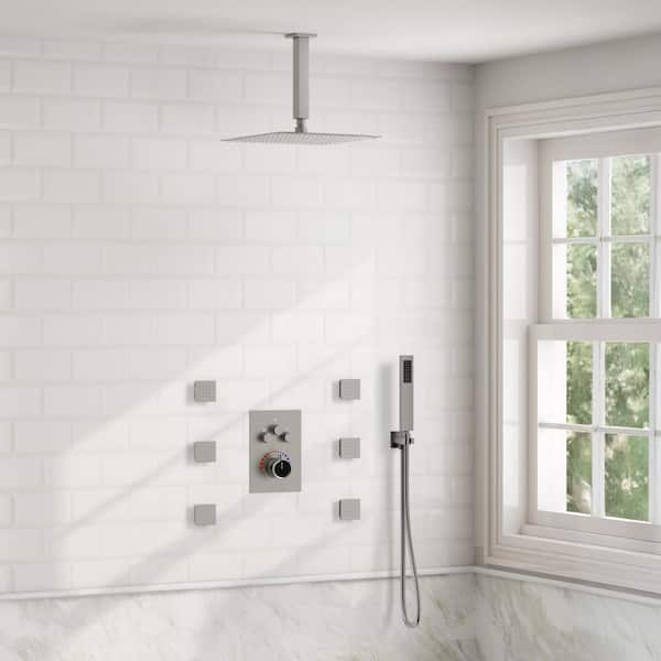 Multiple Press 7-Spray Ceiling Mount 12 in. Fixed and Handheld Shower Head 6-Jet Spray 2.5 GPM in Brushed Nickel