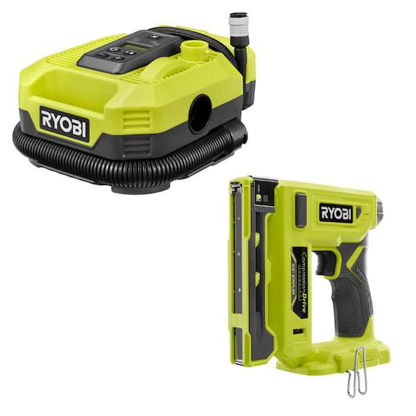 RYOBI ONE+ 18V Cordless Dual Function Inflator/Deflator with Compression Drive Cordless 3/8 in. Crown Stapler (Tools Only)