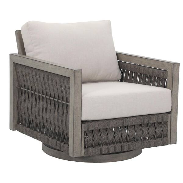 Dark Gray Aluminum and Wicker Swivel Outdoor Couch with Beige Cushions for Patio, Porch, Garden, Poolside