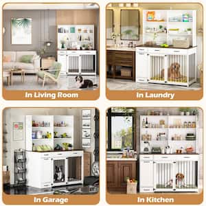 Large Wooden Heavy Duty Dog Crate Storage Cabinet, Dog House Kennel with Shelf and 3 Drawers and Drawer Dog Bowl, White