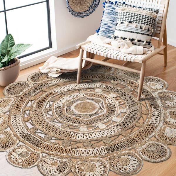 Erin Beige 4 ft. Scallop Boutique Medallion Flower Organic Jute Area Rug