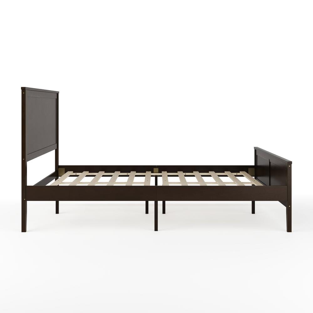 Dark Brown Queen Wooden Platform Bed with Headboard and Footboard