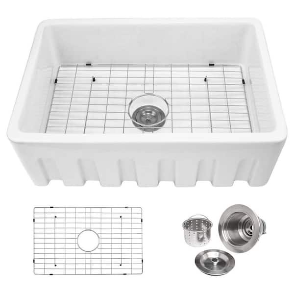 CASAINC Ceramic 30 in. Single Bowl Farmhouse Apron Kitchen Sink with Basket Strainer and Bottom Grid