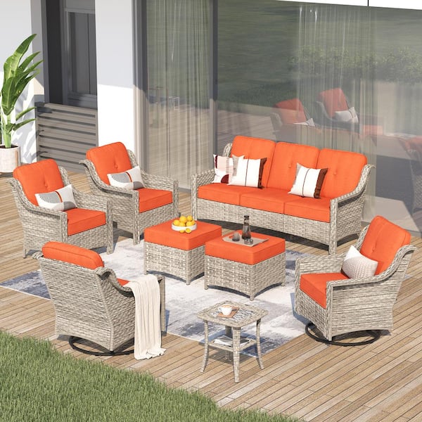Tulip K Gray 8-Piece Wicker Patio Outdoor Conversation Sofa Set with Swivel Rocking Chairs and Red Cushions