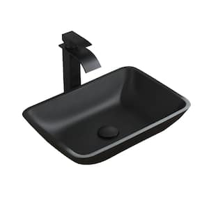 Matte Shell Glass Rectangular Vessel Bathroom Sink in Black with Faucet and Pop-Up Drain in Matte Black