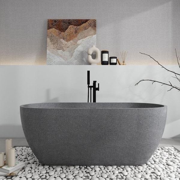 Vera 63 in. x 31 in. Stone Resin Terrazzo Freestanding Soaking Bathtub Solid Surface Freestanding Tub in Gray