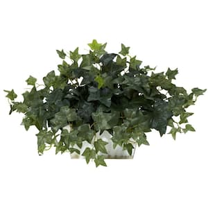 14 in. Artificial H Green Ivy with White Wash Planter Silk Plant