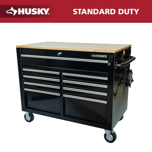 46 in. x 25 in. D 9-Drawer Mobile Workbench with Adjustable Height Wood Top in Gloss Black