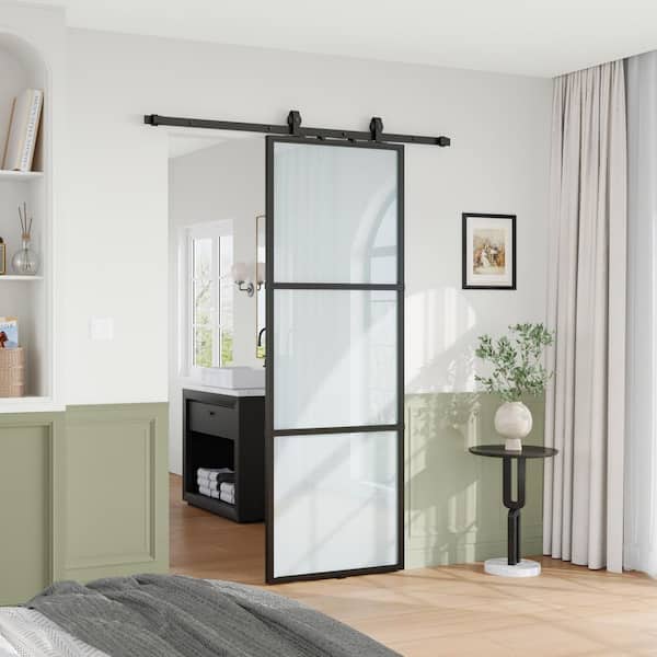 32 in. x 84 in. 3 Lite Frosted Glass Black Metal Frame Interior Sliding Barn Door with Hardware kit