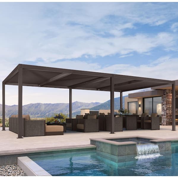 PURPLE LEAF 14 ft. x 24 ft. Bronze Aluminum Frame Patio Hardtop Louvered Pergola with Adjustable Sunshade Roofs and In-Built Gutter